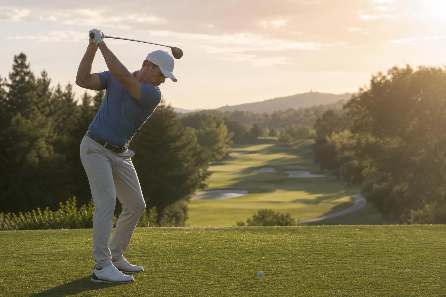 A golfer at the top of the backswing on an elevated tee, the fairway falling away below.